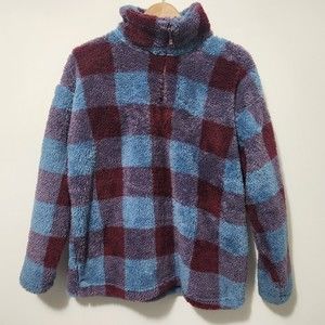 EDDIE BAUER Women's Blue & Red Plaid Blanket Pullover Sweater 1/4 Zip Size L